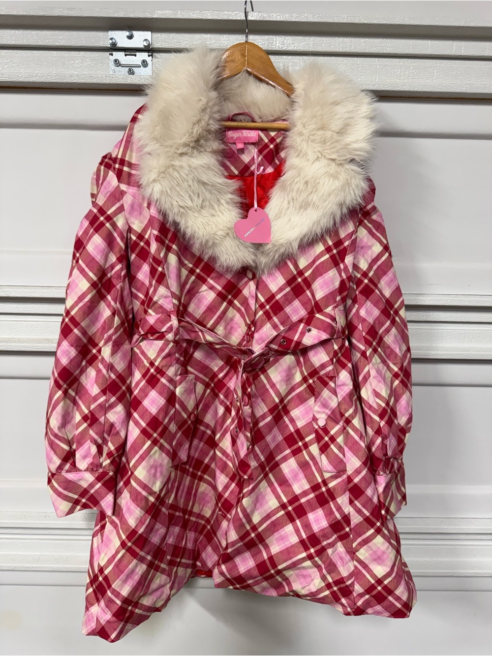 Sugar Thrillz Dolls Kill HOLIDAY PARTY Pink Plaid Candy Cane Trench Coat XL NWT